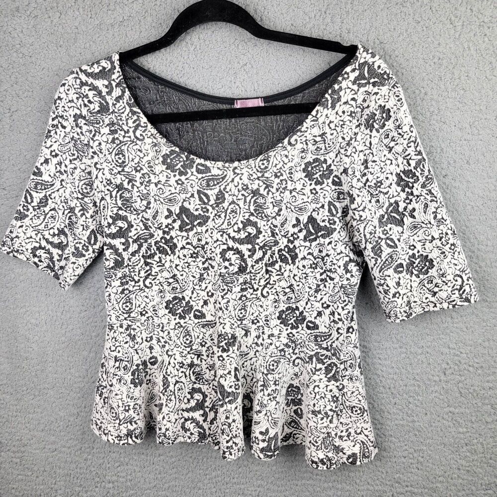 Juniper Ln Top Blouse Womens M White Black Peplum Short Sleeves Cottagecore